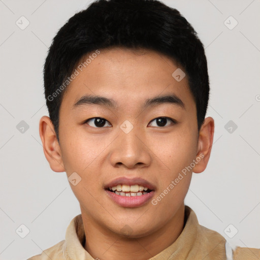 Joyful white young-adult male with short  black hair and brown eyes