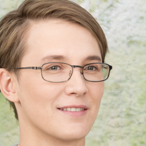 Joyful white adult female with short  brown hair and green eyes