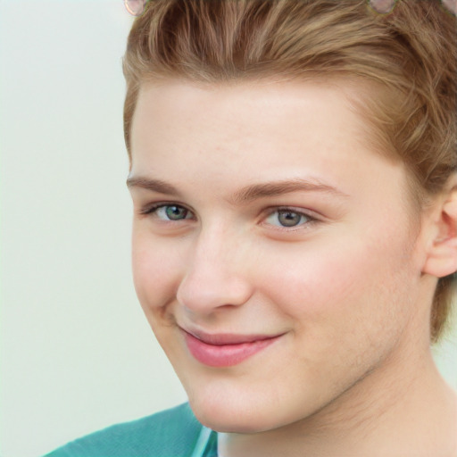 Joyful white young-adult female with short  brown hair and blue eyes