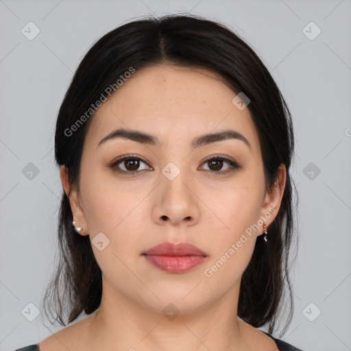 Neutral asian young-adult female with medium  brown hair and brown eyes