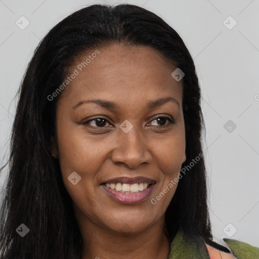 Joyful latino young-adult female with long  brown hair and brown eyes