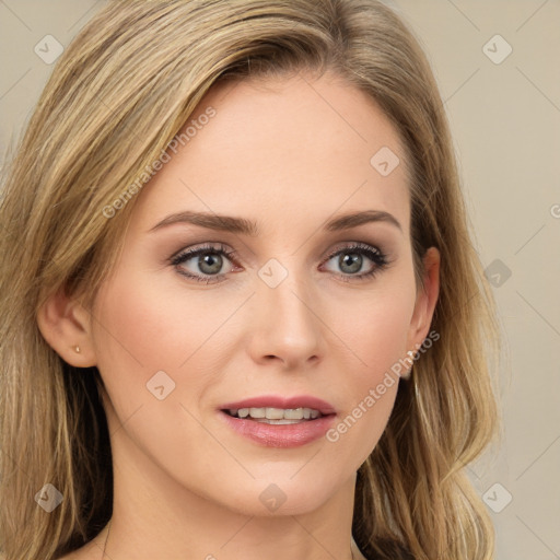 Joyful white young-adult female with long  brown hair and green eyes