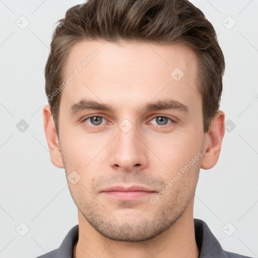 Neutral white young-adult male with short  brown hair and brown eyes