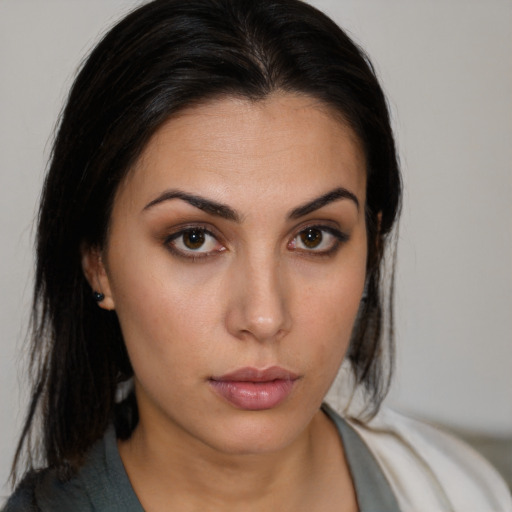 Neutral white young-adult female with medium  brown hair and brown eyes