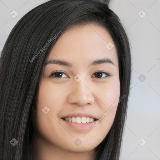 Joyful white young-adult female with long  black hair and brown eyes