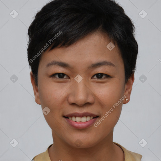 Joyful asian young-adult female with short  brown hair and brown eyes