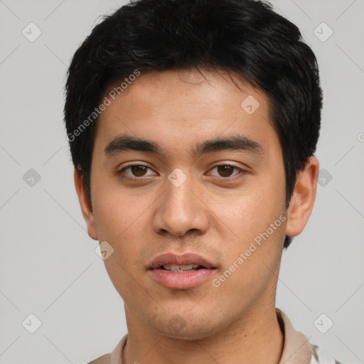 Neutral asian young-adult male with short  black hair and brown eyes