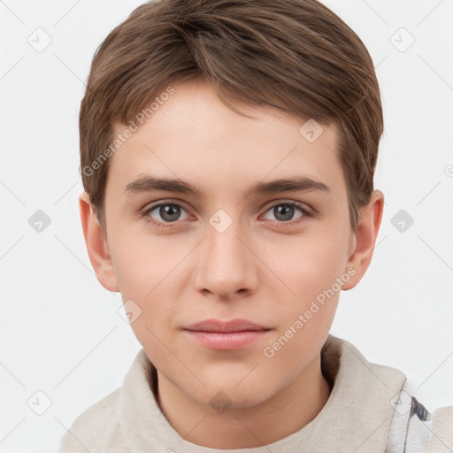 Neutral white young-adult male with short  brown hair and grey eyes