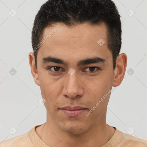 Neutral latino young-adult male with short  brown hair and brown eyes