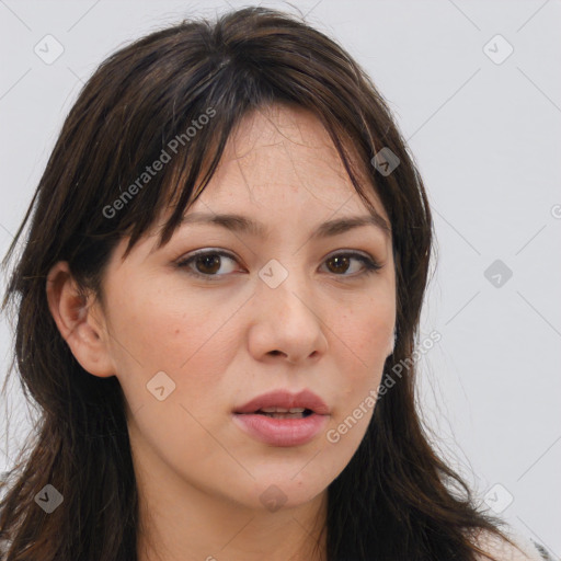 Neutral white young-adult female with long  brown hair and brown eyes