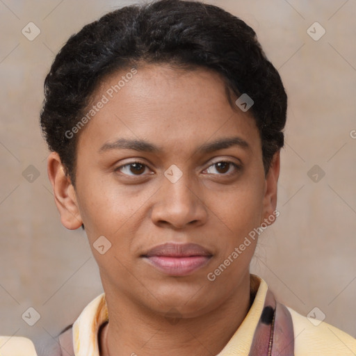 Joyful latino young-adult female with short  brown hair and brown eyes