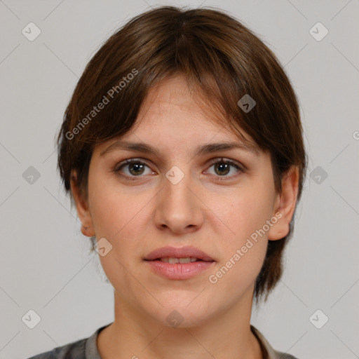 Neutral white young-adult female with medium  brown hair and brown eyes