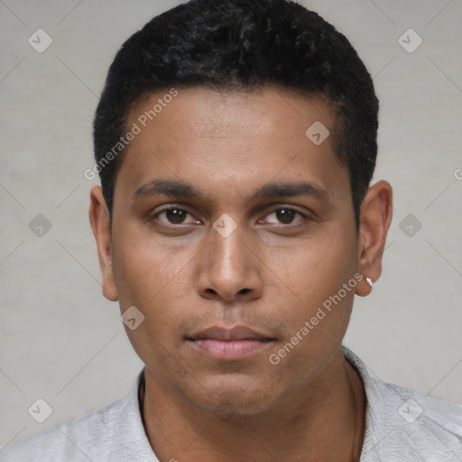 Neutral latino young-adult male with short  black hair and brown eyes