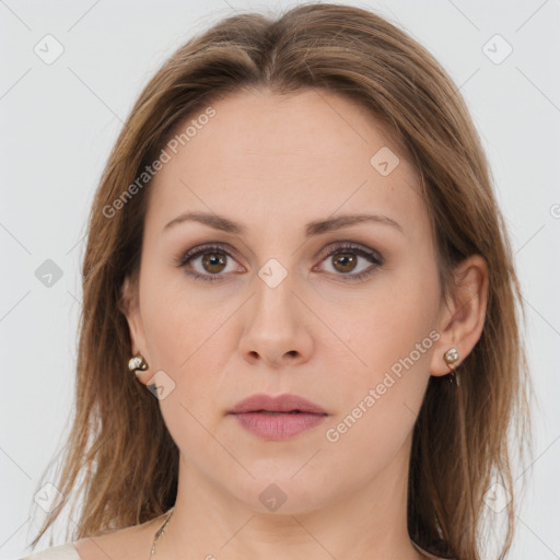 Neutral white young-adult female with long  brown hair and brown eyes