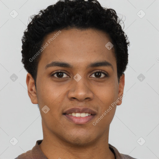 Joyful latino young-adult male with short  brown hair and brown eyes