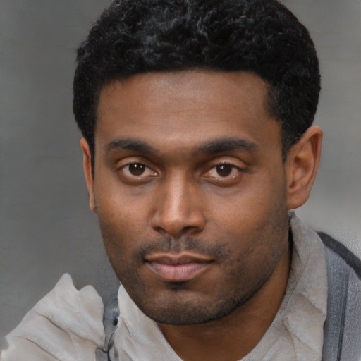 Neutral black young-adult male with short  black hair and brown eyes