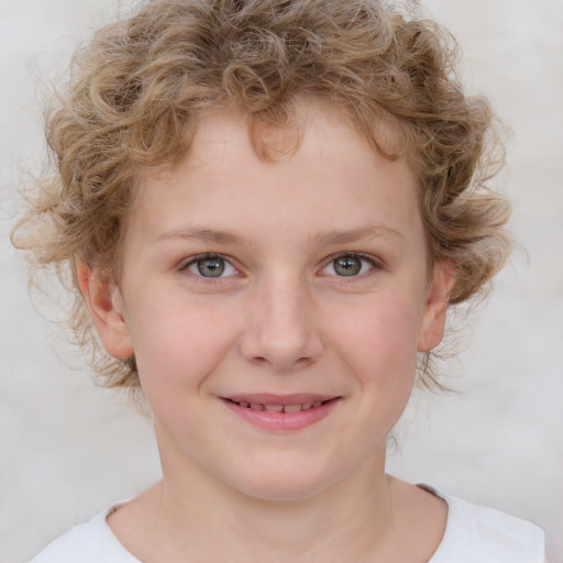 Joyful white child female with medium  brown hair and blue eyes