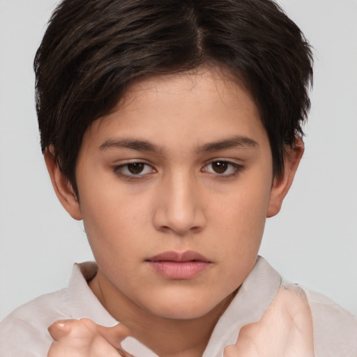 Neutral white young-adult female with short  brown hair and brown eyes