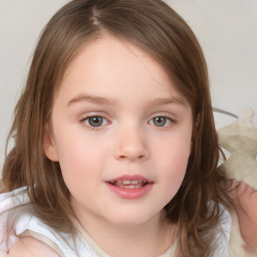 Neutral white child female with medium  brown hair and blue eyes