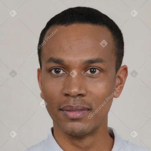 Neutral black young-adult male with short  black hair and brown eyes