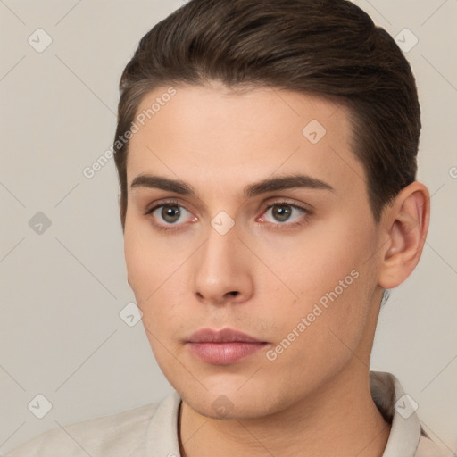 Neutral white young-adult male with short  brown hair and brown eyes