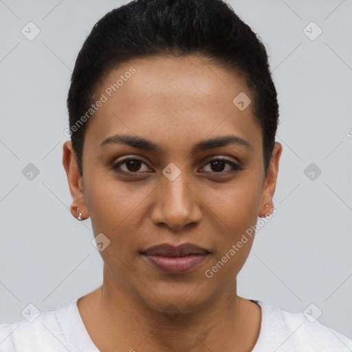 Joyful latino young-adult female with short  black hair and brown eyes