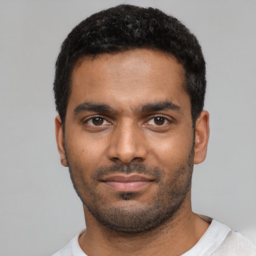 Neutral black young-adult male with short  black hair and brown eyes