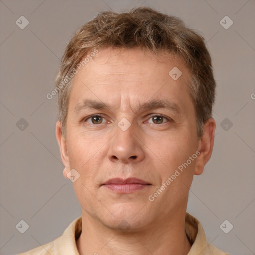 Neutral white adult male with short  brown hair and brown eyes