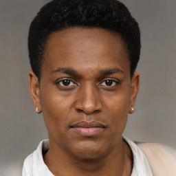 Neutral black young-adult male with short  brown hair and brown eyes