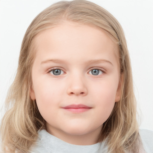 Neutral white child female with medium  brown hair and blue eyes