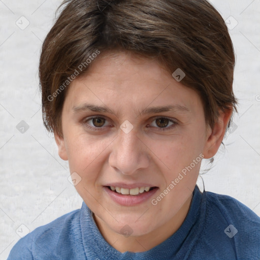 Joyful white young-adult female with medium  brown hair and blue eyes