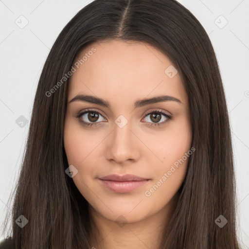 Neutral white young-adult female with long  brown hair and brown eyes