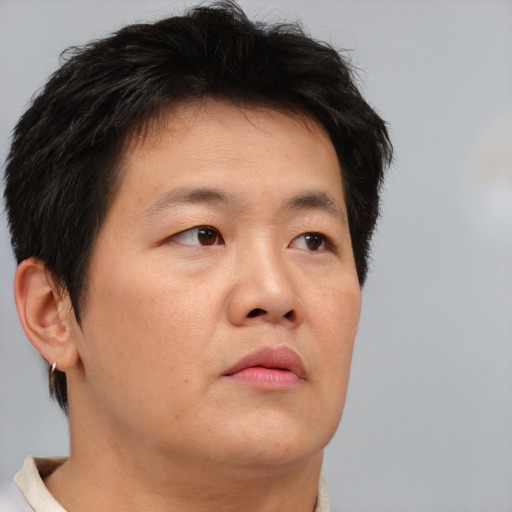 Neutral asian adult male with short  brown hair and brown eyes