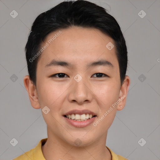 Joyful asian young-adult male with short  black hair and brown eyes