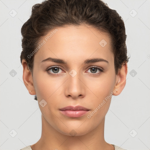 Neutral white young-adult female with short  brown hair and brown eyes