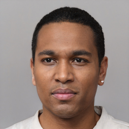 Neutral black young-adult male with short  black hair and brown eyes