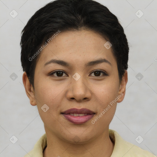 Joyful asian young-adult female with short  brown hair and brown eyes