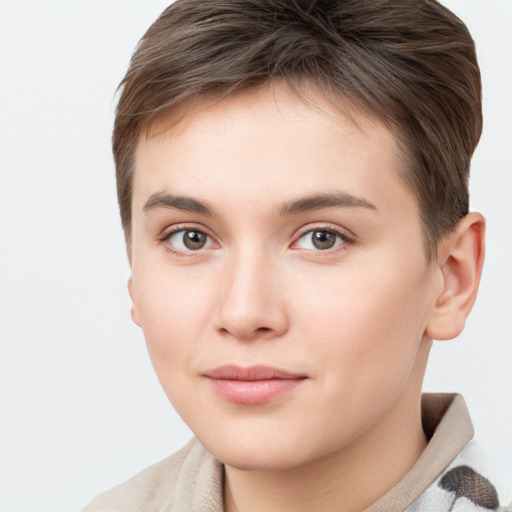 Neutral white young-adult female with short  brown hair and brown eyes