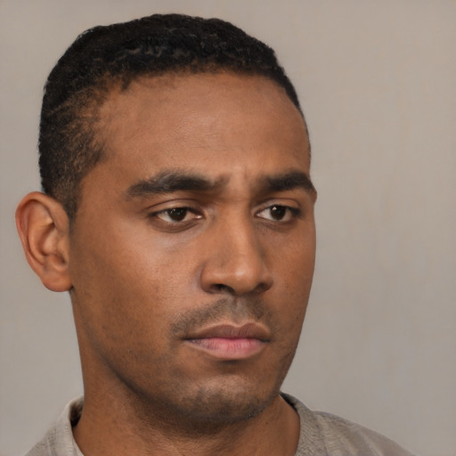 Neutral black young-adult male with short  black hair and brown eyes