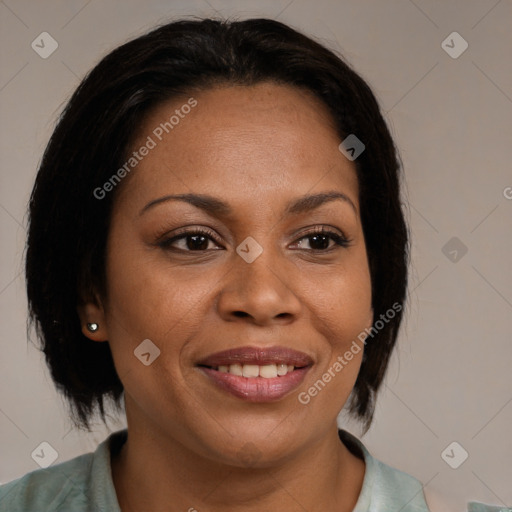 Joyful black adult female with medium  brown hair and brown eyes