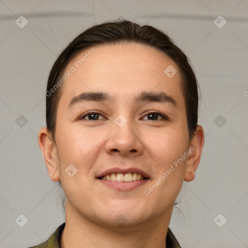 Joyful white young-adult male with short  brown hair and brown eyes