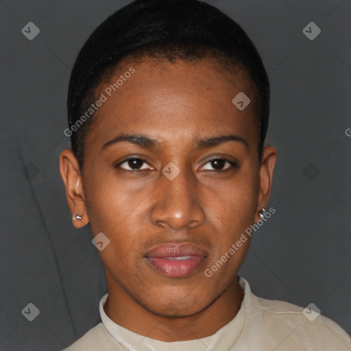 Neutral latino young-adult female with short  brown hair and brown eyes