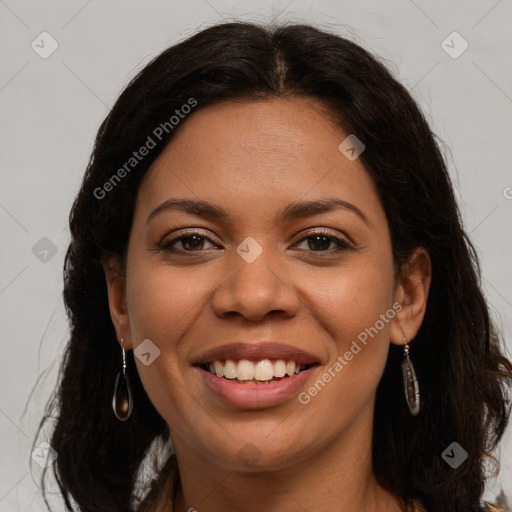 Joyful latino young-adult female with long  brown hair and brown eyes