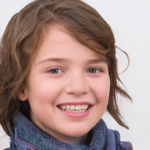 Joyful white child female with medium  brown hair and blue eyes