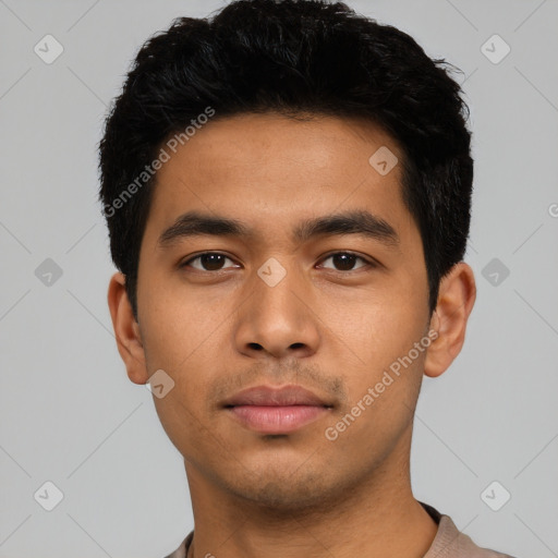 Neutral asian young-adult male with short  black hair and brown eyes