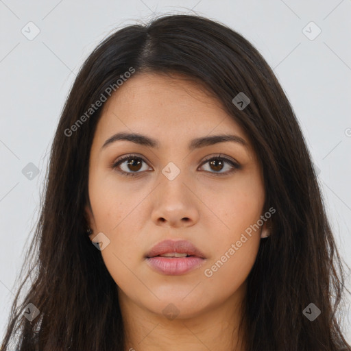 Neutral asian young-adult female with long  brown hair and brown eyes