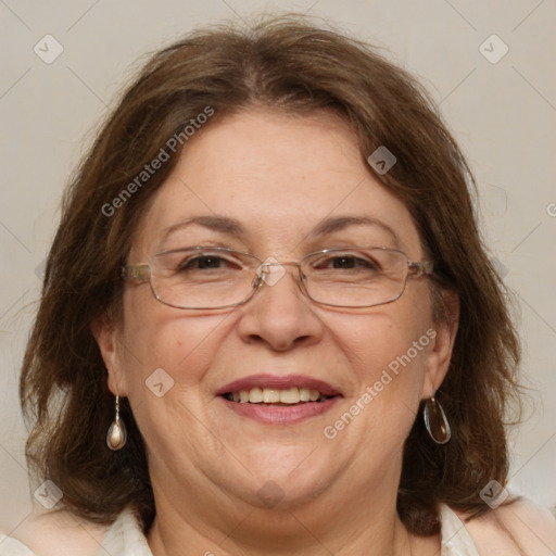 Joyful white adult female with medium  brown hair and blue eyes