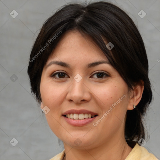 Joyful white adult female with medium  brown hair and brown eyes