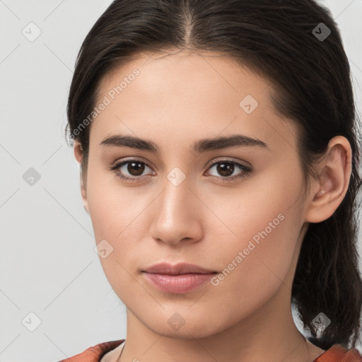 Neutral white young-adult female with medium  brown hair and brown eyes