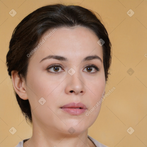 Neutral white young-adult female with medium  brown hair and brown eyes